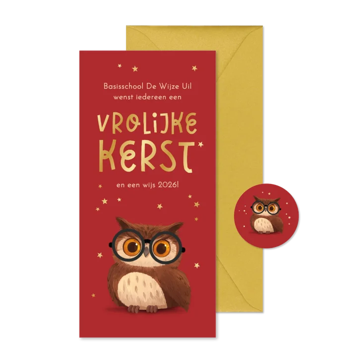 Zakelijke kerstkaart onderwijs uil sterren goud basisschool