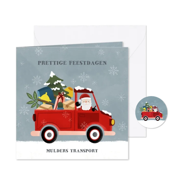 Zakelijke kerstkaart pickup truck kerstman en sneeuw