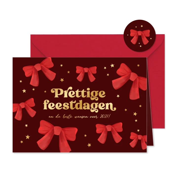 Zakelijke kerstkaart prettige feestdagen strikjes rood goud