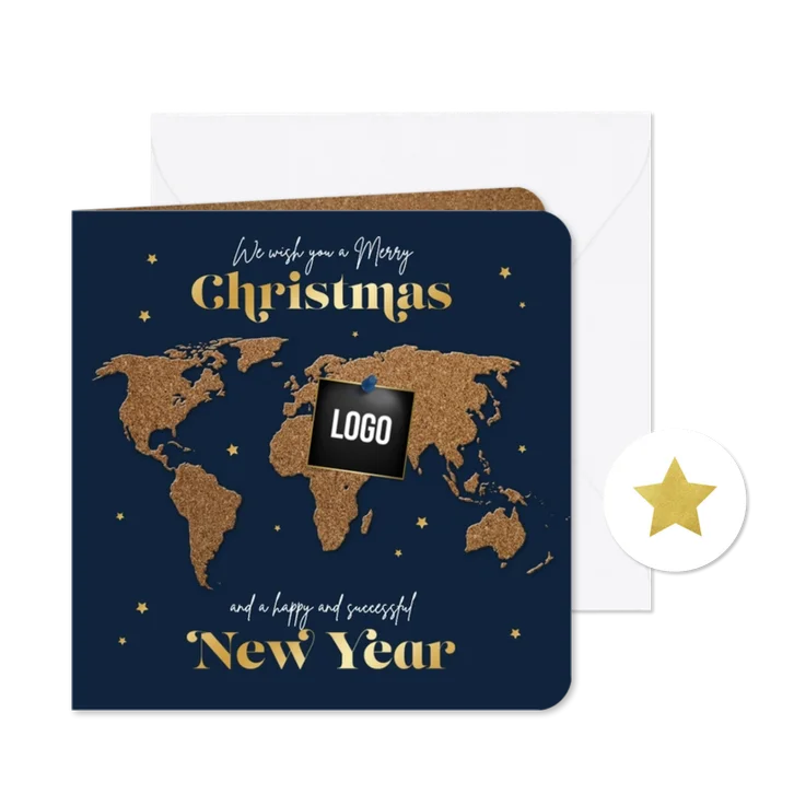 Zakelijke kerstkaart wereldkaart kurk sterren logo