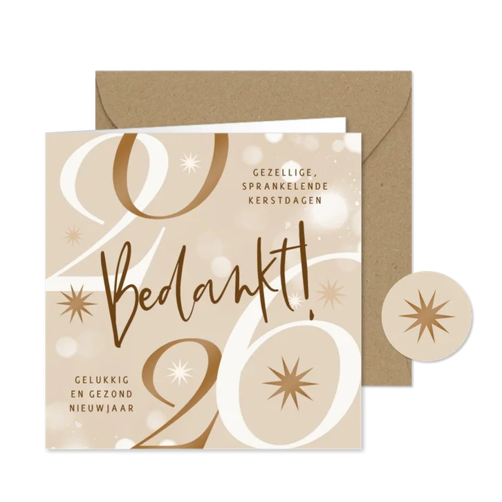 Zakelijke nieuwjaarskaart 2026 bedankt sterren beige