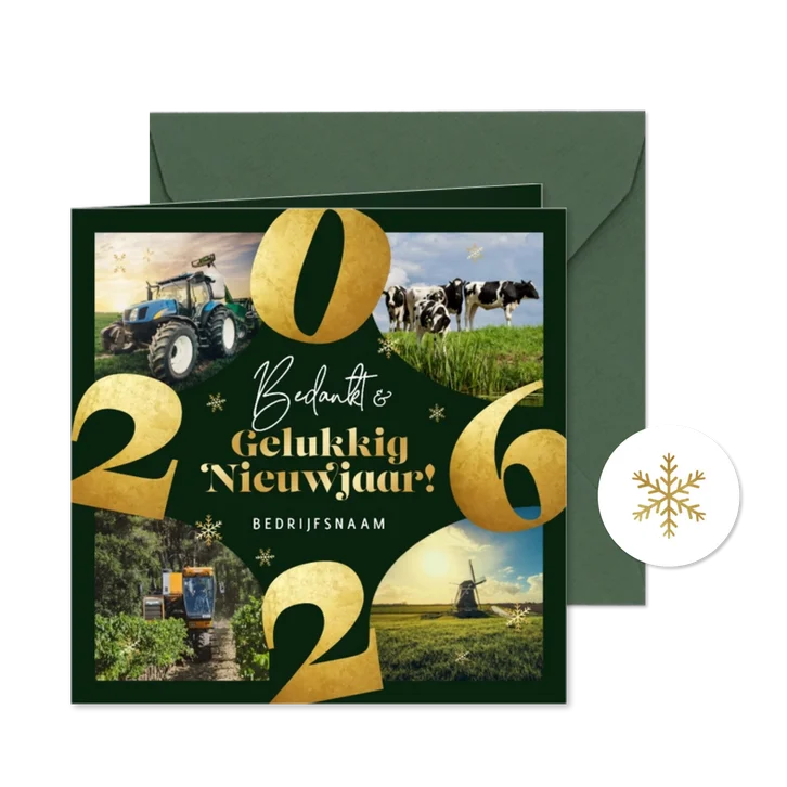 Zakelijke nieuwjaarskaart 2026 fotocollage goud sneeuw groen