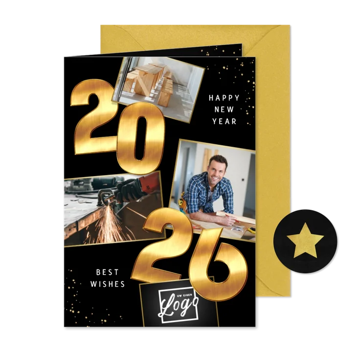 Zakelijke Nieuwjaarskaart 2026 goud cijfers spetters foto
