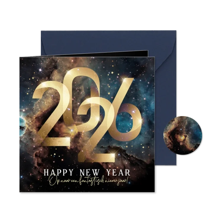 Zakelijke nieuwjaarskaart 2026 goud galaxy sterren goud