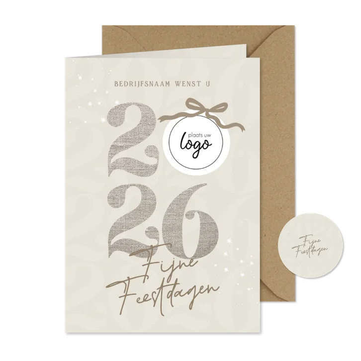 Zakelijke nieuwjaarskaart beige linnenlook logo en jaartal