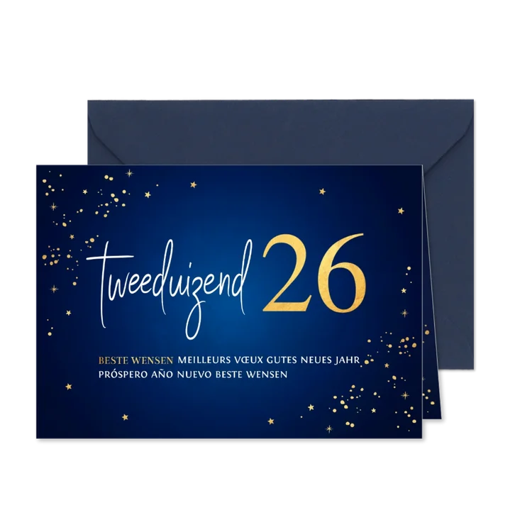 Zakelijke nieuwjaarskaart blauw 2026 goudlook