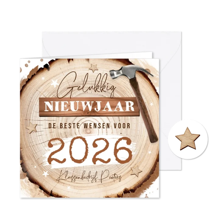 Zakelijke nieuwjaarskaart bouwbedrijf klussen hout boomstam
