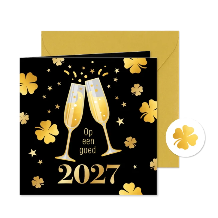 Zakelijke nieuwjaarskaart champagneglazen & klavertjes goud