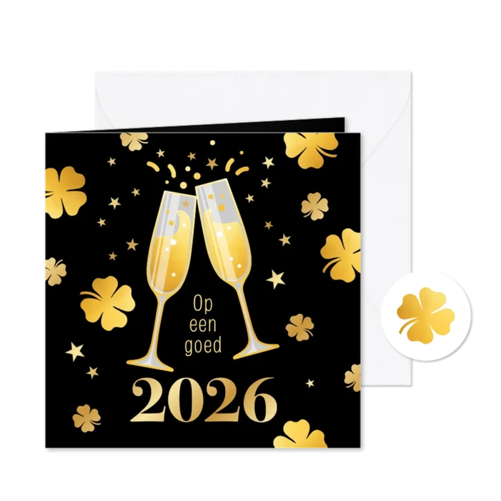 Zakelijke nieuwjaarskaart champagneglazen & klavertjes goud