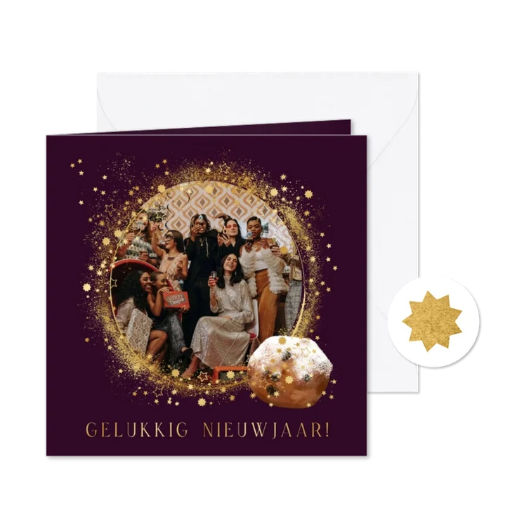 Zakelijke nieuwjaarskaart foto sterrenstof oliebol goud