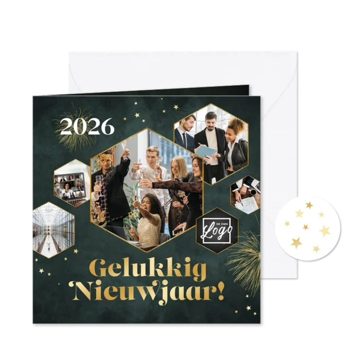 Zakelijke nieuwjaarskaart fotocollage vuurwerk sterren goud
