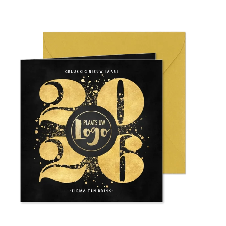 Zakelijke nieuwjaarskaart gouden 2026, spetters en logo