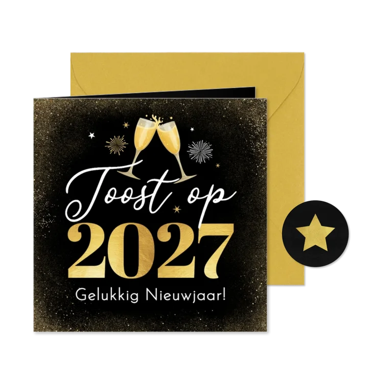 Zakelijke nieuwjaarskaart toost 2027 vuurwerk borrel sterren