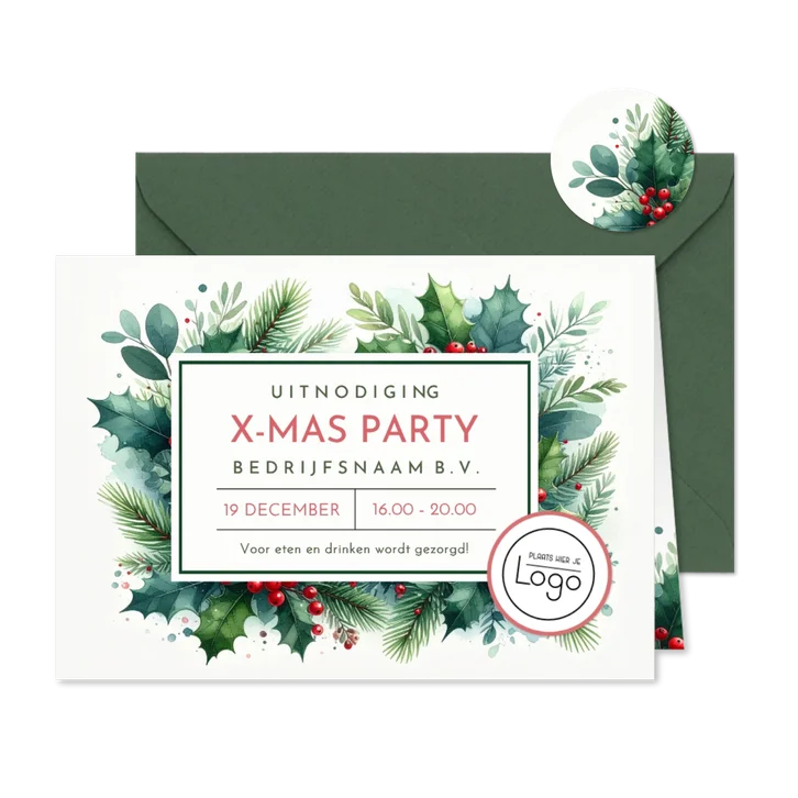 Zakelijke uitnodiging kerstviering met hulst en takjes