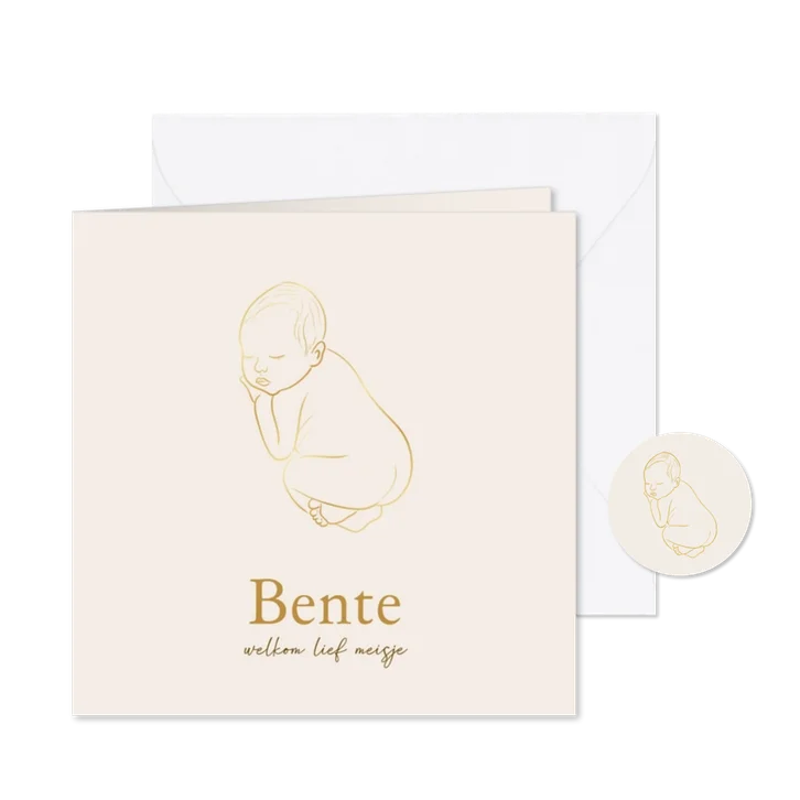  Zandkleurig geboortekaartje met gouden lijnillustratie baby