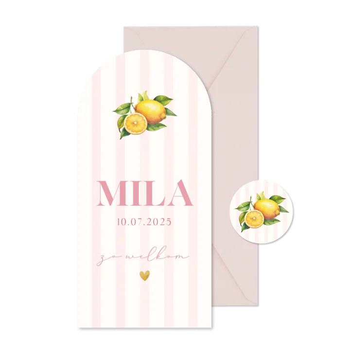 Zomers geboortekaartje meisje citroenen en roze streepjes