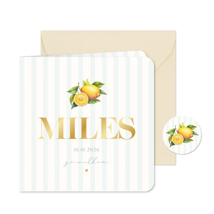 Zomers geboortekaartje met citroenen en blauwe streepjes