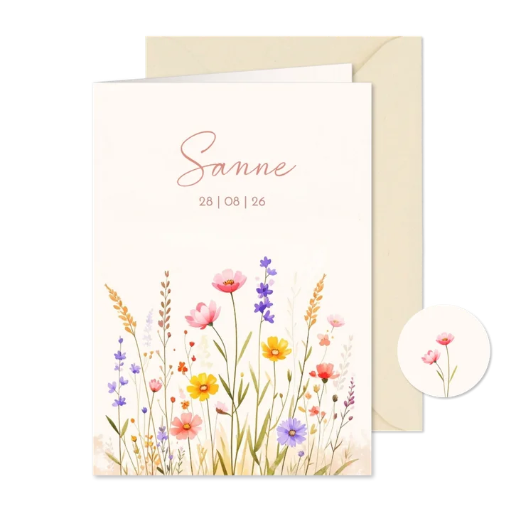 Zomers geboortekaartje met gemengde bloemen aquarel