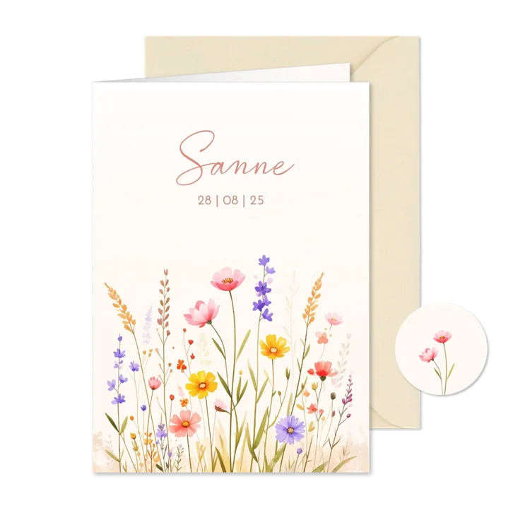 Zomers geboortekaartje met gemengde bloemen aquarel