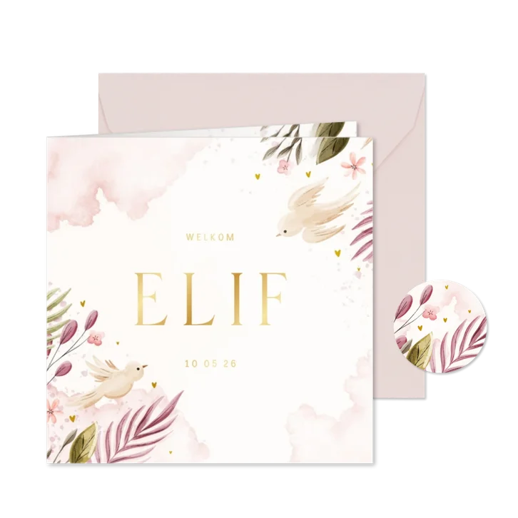 Zomers geboortekaartje met takjes, bloemen en duiven