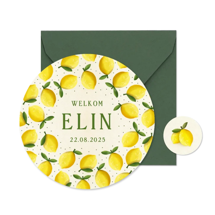 Zomers rond geboortekaartje met citroenen - meisje