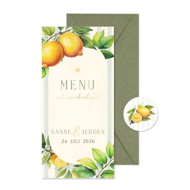 Zomerse menukaart met citroenen streepjes en takjes