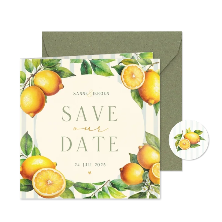 Zomerse save the date met citroenen streepjes en takjes