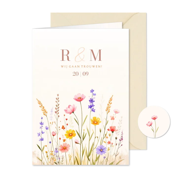 Zomerse uitnodiging bruiloft met gemengde bloemen aquarel