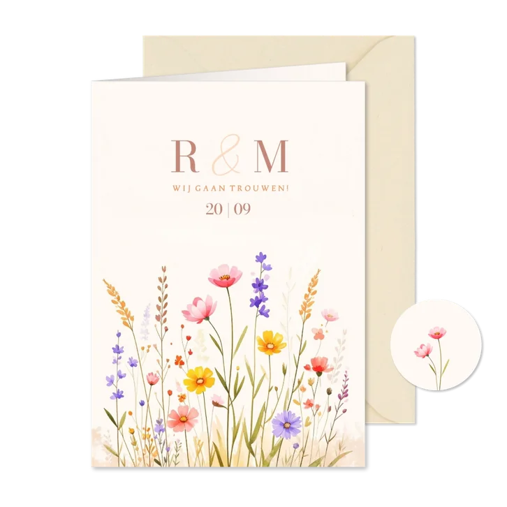 Zomerse uitnodiging bruiloft met gemengde bloemen aquarel