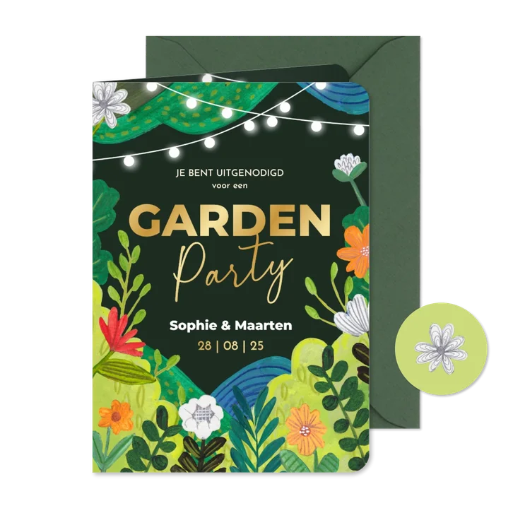 Zomerse uitnodiging tuinfeest met bloemen en lampionnetjes