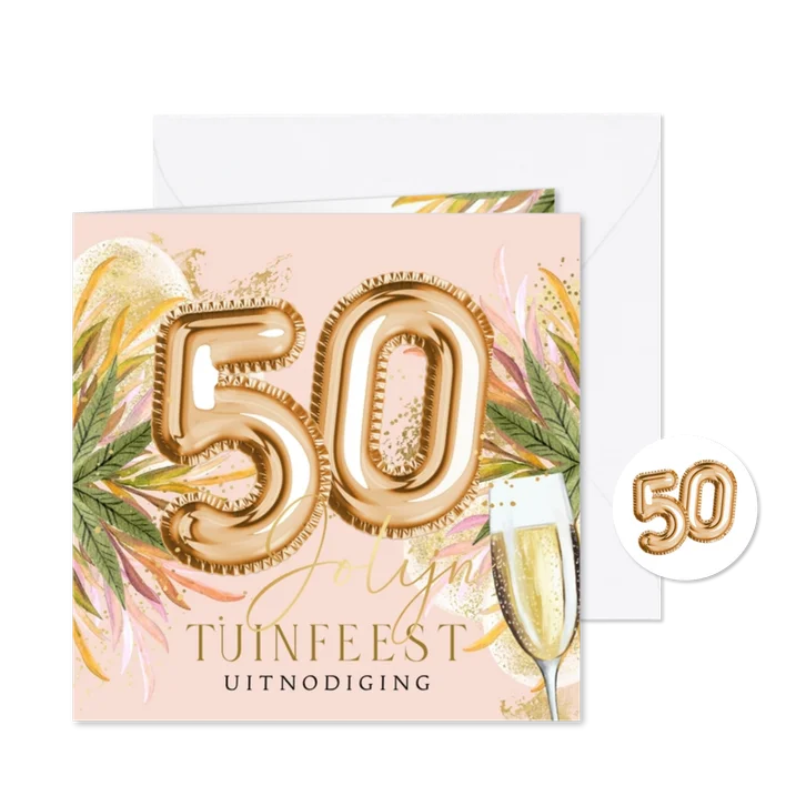 Zomerse uitnodigingskaart tuinfeest 50 jaar goud champagne