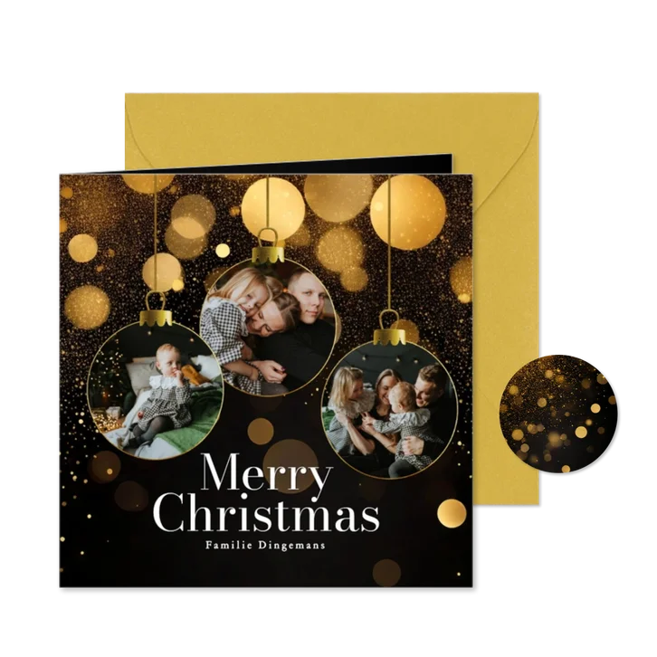Zwart kerstkaartje met foto in kerstbal vorm en glitters