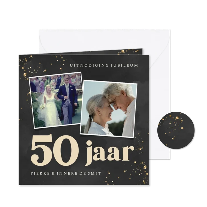 Zwarte jubileumkaart met gouden spetters en foto's 50 jaar
