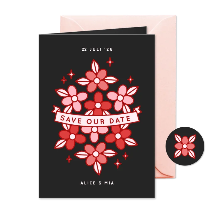  Zwarte save the date kaart met rode en roze bloemen