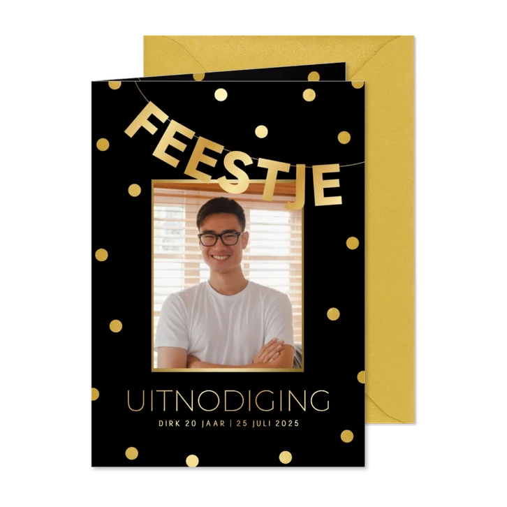 Zwarte uitnodiging feestje met foto en gouden confetti