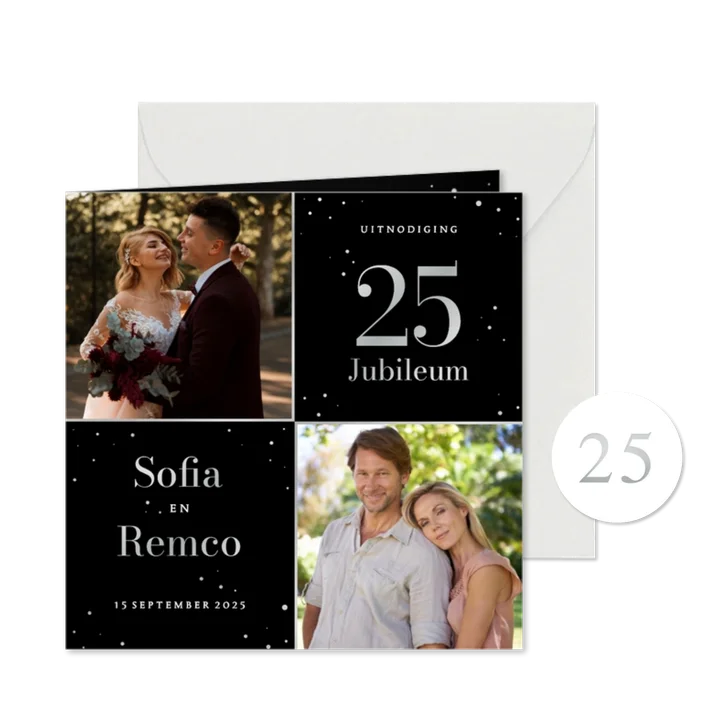 Zwarte uitnodiging jubileum met foto's en zilveren spetters