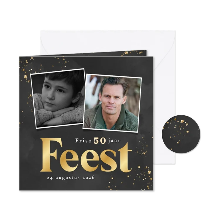 Zwarte uitnodiging met gouden glitters en foto feest