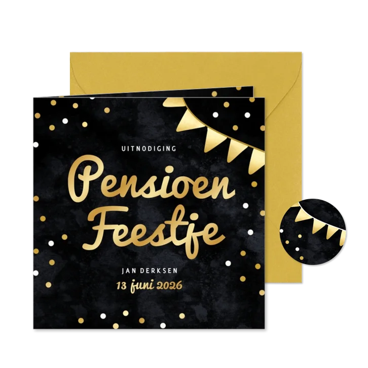 Zwarte uitnodiging pensioen feest met gouden vlaggetjes