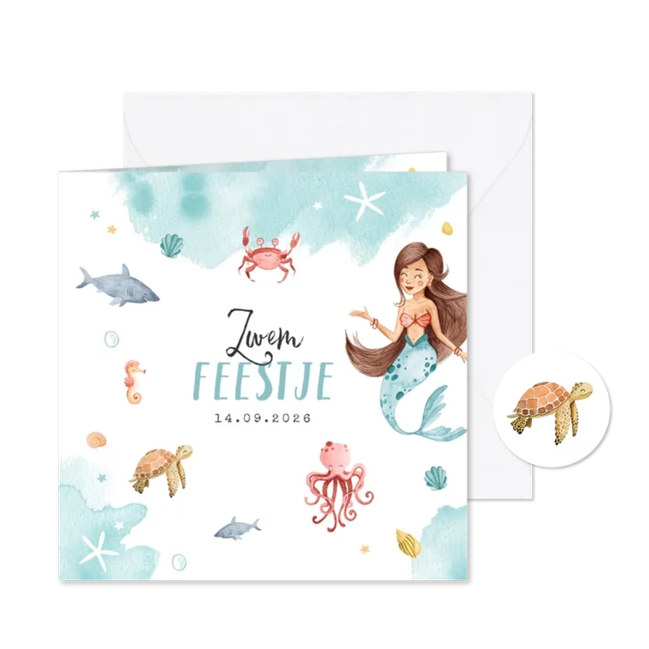 Zwemfeest uitnodiging kinderfeestje zeemeermin zeedieren