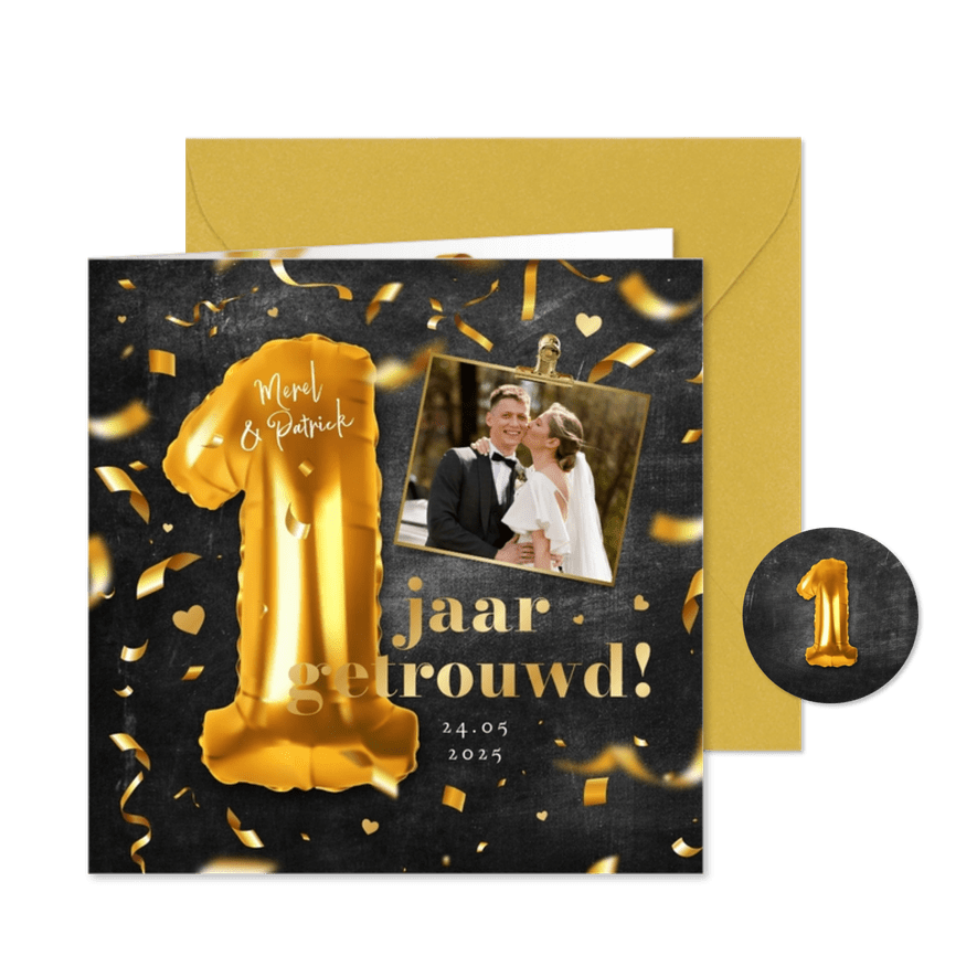 1 jaar getrouwd uitnodiging jubileum ballonnen confetti - Kaartimpressie