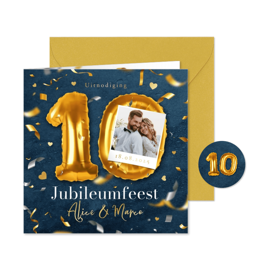 10 jaar getrouwd uitnodiging jubileum ballonnen confetti - Kaartimpressie