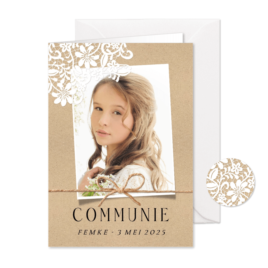 1ste Communie stijlvol vintage kraft met kant bloemen strik - Kaartimpressie