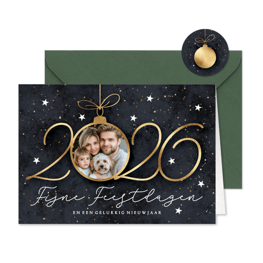 2026 kerstkaart foto in kerstbal - Kaartimpressie