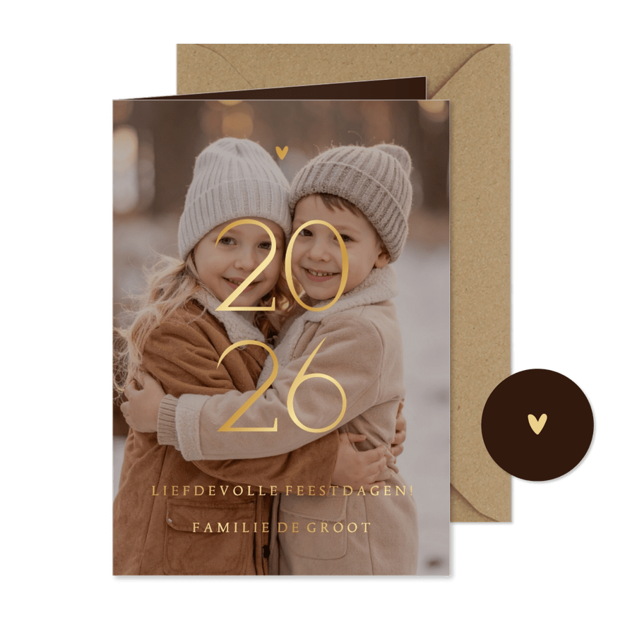 2026 Kerstkaart grote foto transparant met goudfolie - Kaartimpressie