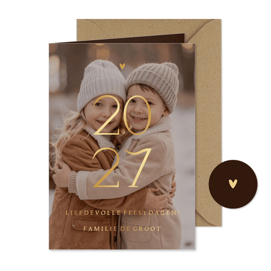 2027 Kerstkaart grote foto transparant met goudfolie - Kaartimpressie