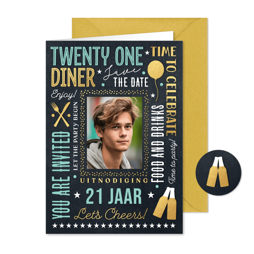 21 diner uitnodiging feestje etentje jongen - Kaartimpressie