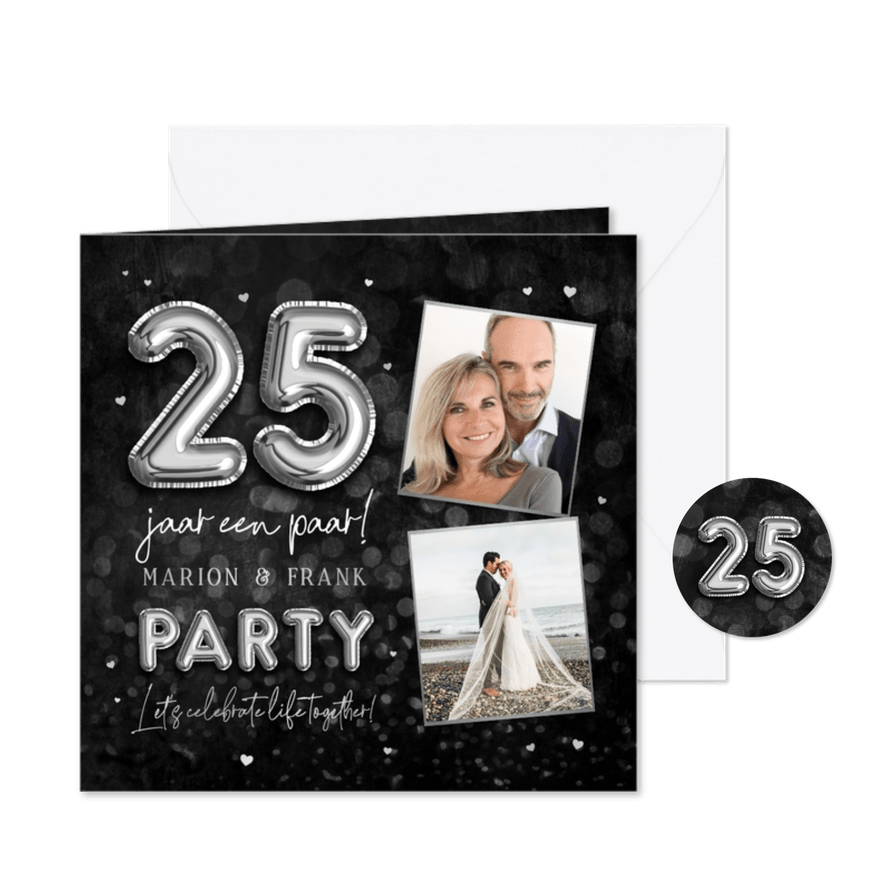 25 jaar getrouwd jubileumfeest zilver krijtbord hartjes foto - Kaartimpressie