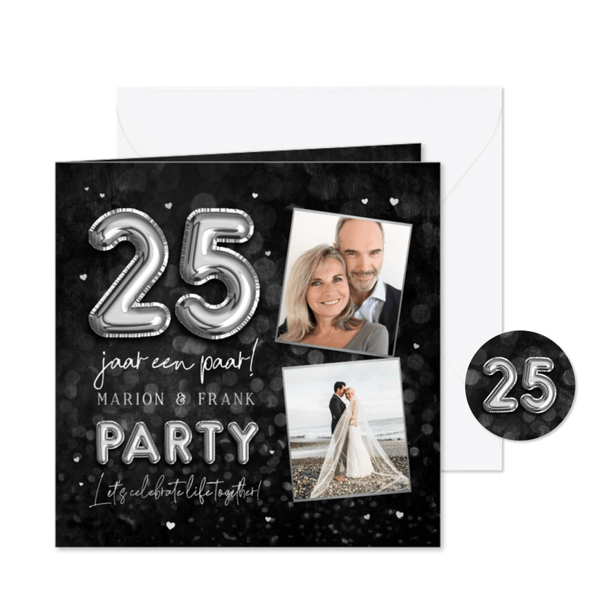 25 jaar getrouwd jubileumfeest zilver krijtbord hartjes foto - Kaartimpressie