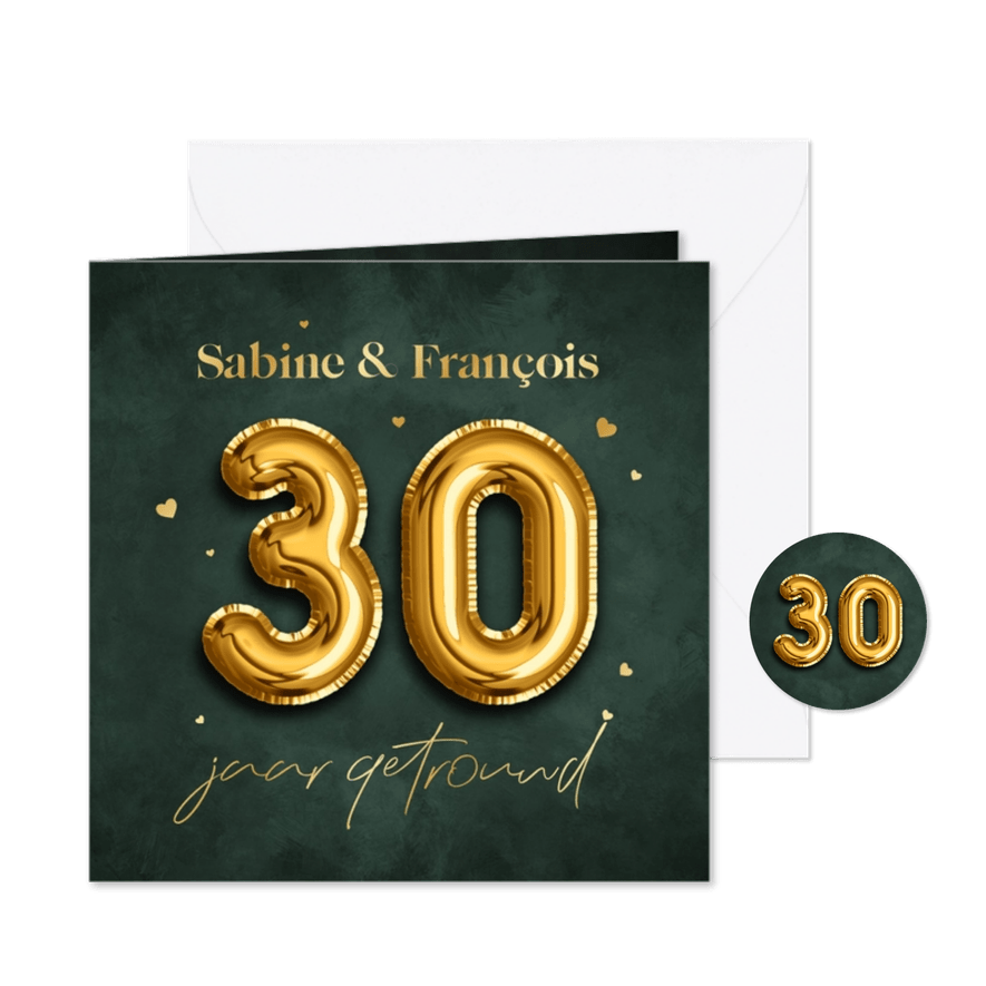 30 jaar jubileumfeest folieballonnen goud hartjes robijn - Kaartimpressie