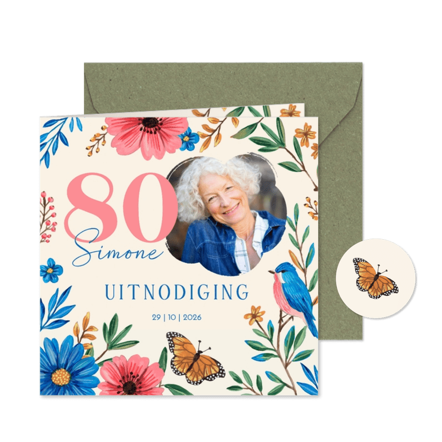 80e Verjaardag Uitnodiging met Bloemen en Foto - Kaartimpressie